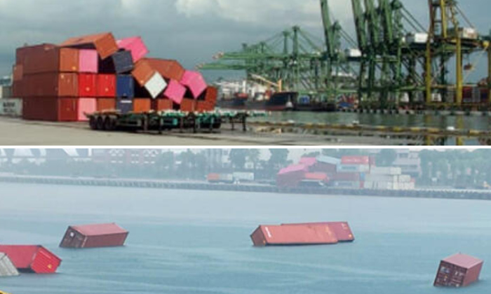 Keppel Terminal 15 empty containers blown into sea